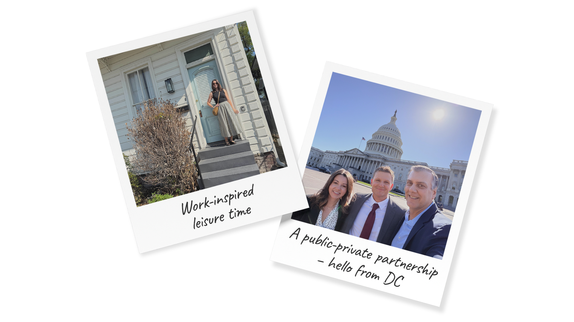 Polaroid pictures of Audrey Carls: one in front of a typical Louisiana house, one with her team in Washington DC with the capitol building in the background.