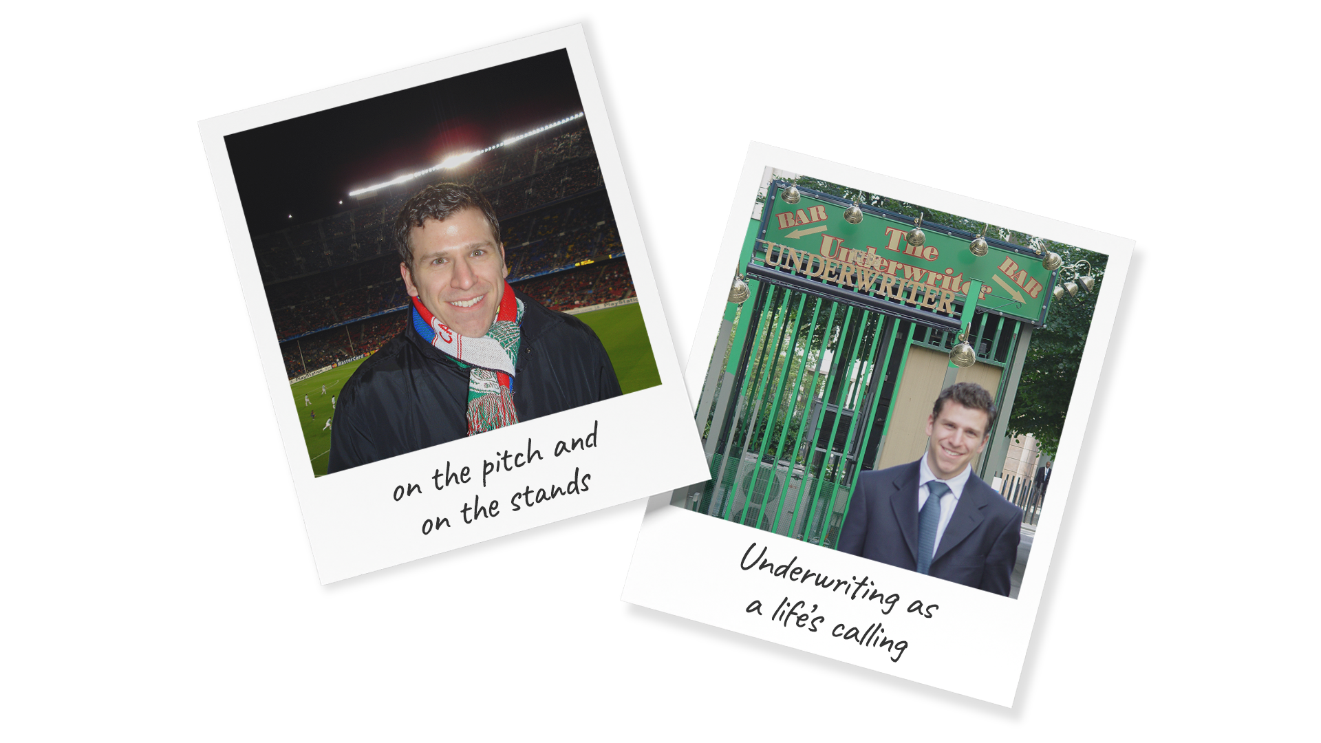 Polaroid pic of Marco Merlino - one at a football match and one in front of the Underwriter bar