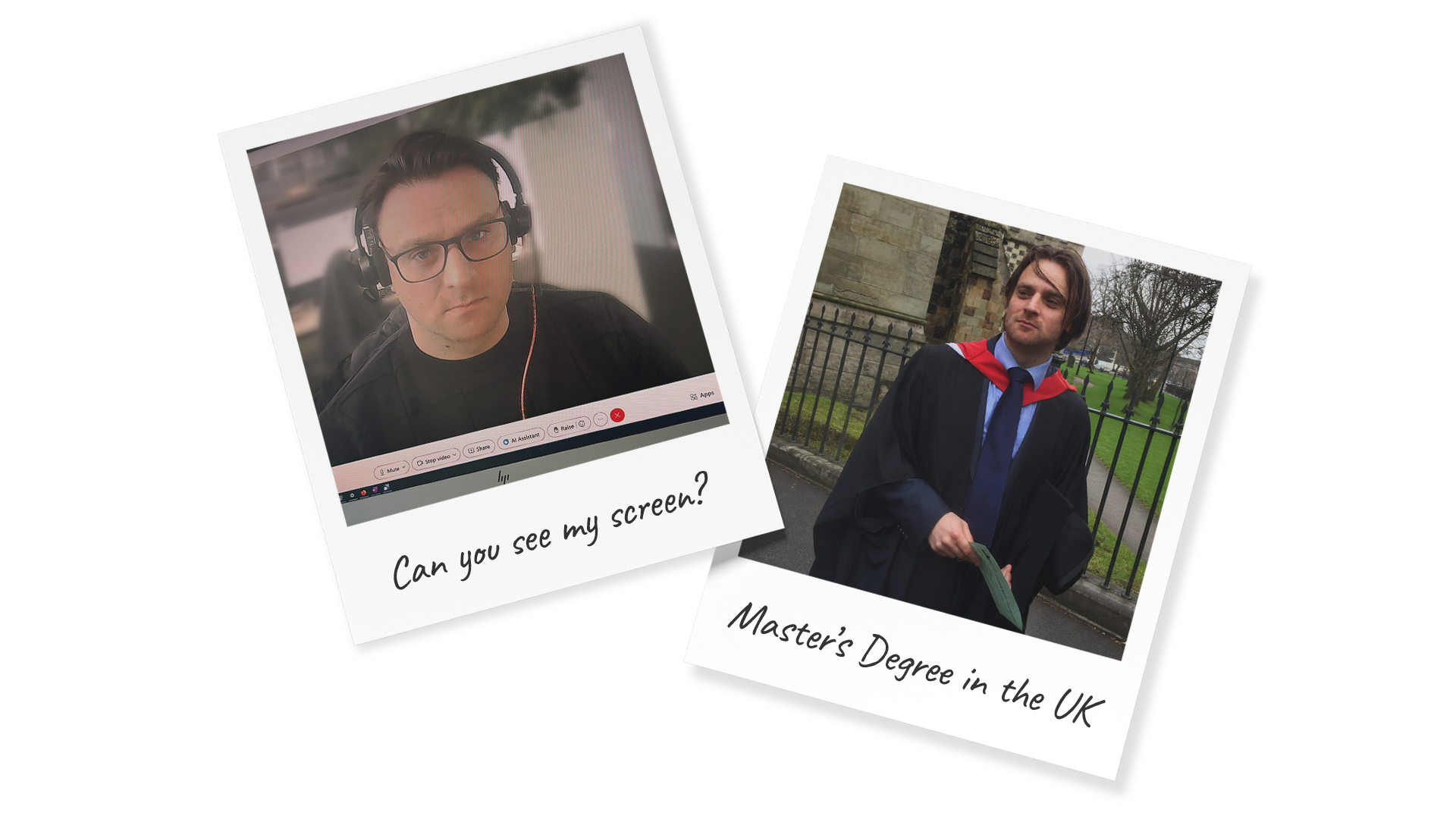 Polaroid images of Tudor-Dan Petrescu: one on a web call at his desk, one of him getting his master diploma