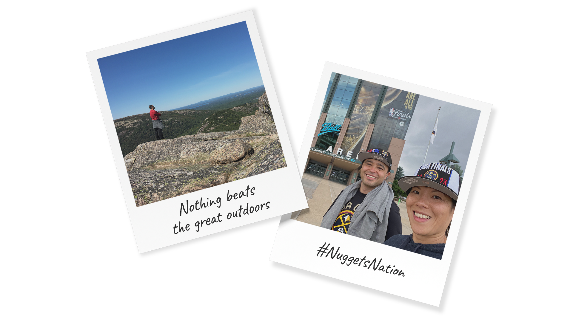 Polaroid images of Marco Vivas: hiking outdoors in the mountains, and one with his wife in front of a basketball arena in Denver. Colorado.