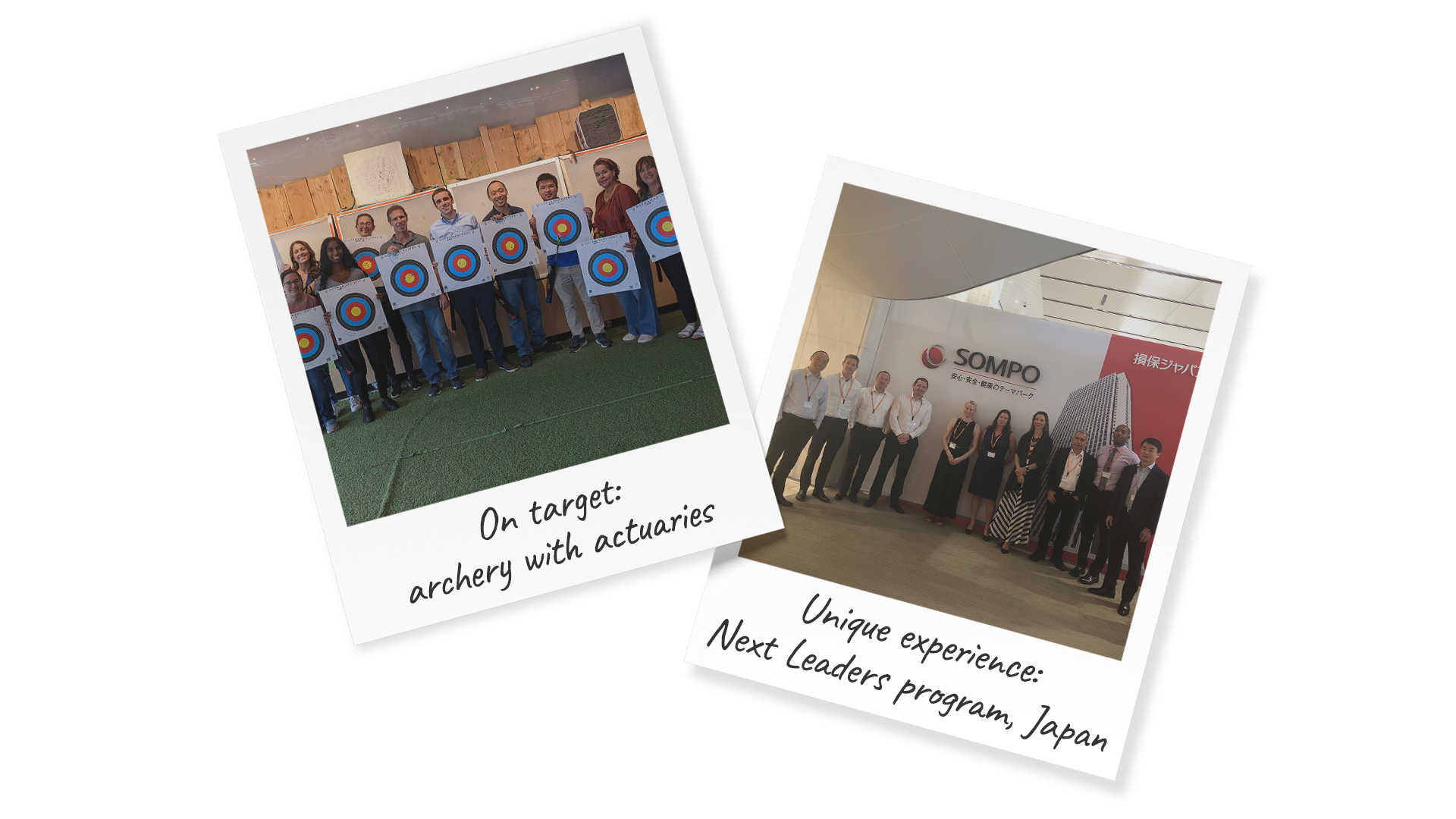 Polaroid image of Simon Ying: one with actuary colleagues an archery practice event, and one with colleagues at Sompo's Next Leaders program in Japan.